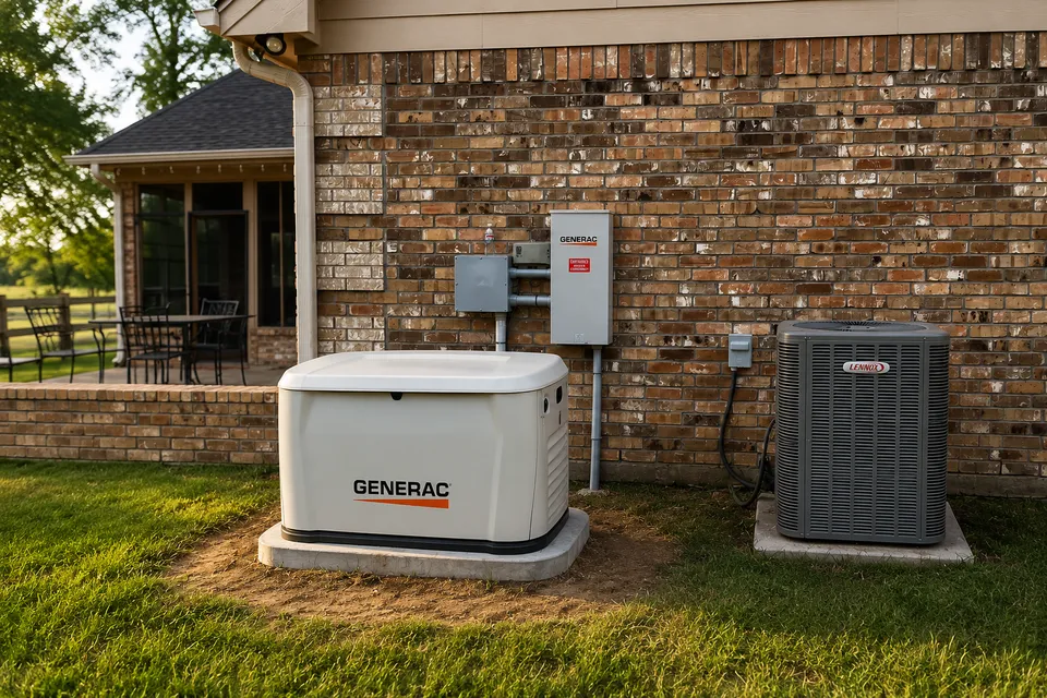 Generac generator installed beside a propane tank on a rural property
